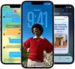 Three iPhone 17e devices, showing Messages app with Liquid Glass design, dynamic Lock Screen and Visual Intelligence in use