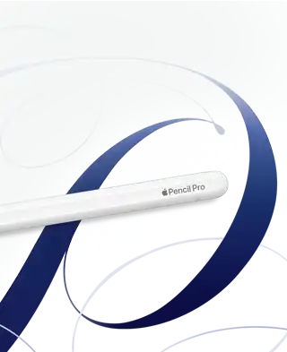 Apple Pencil Pro, blanc, tourbillons bleus sur fond blanc en arrière-plan