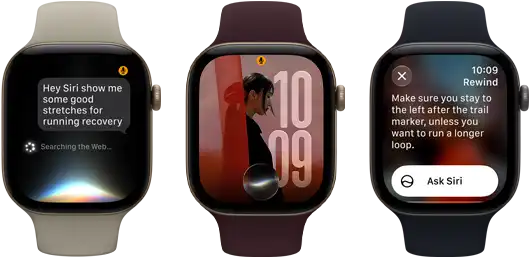 Three Apple Watch Series 12 devices, one with light gold aluminum case, Siri AI conversation, sand Sport Band, one with light gold aluminum case, personalized photo on watch face with Siri AI complication, burgundy Sport Band, and one with space gray aluminum case, Siri Recap, black Sport Band