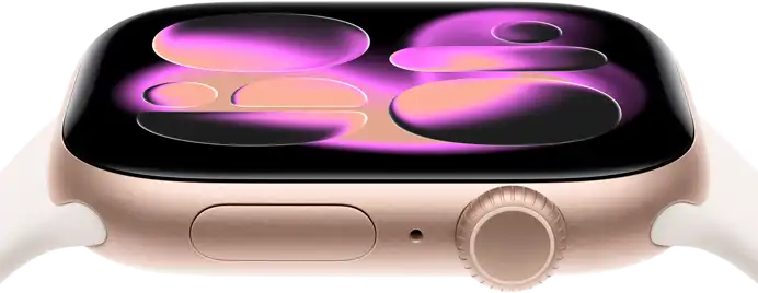 Apple Watch Series 11, boîtier en aluminium or rose, cadran Illustration réactive, côté droit extérieur : Digital Crown, microphone, bouton latéral, bracelet sport rose tendre