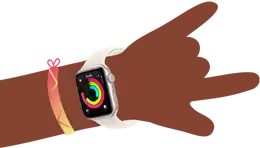 Cartoon illustration of kid's wrist wearing Apple Watch SE 3 with the Activity app open on the screen