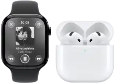 Apple Watch Series 11, titanium slate case, band: black sport band, Apple Music app open, paired with AirPods 4