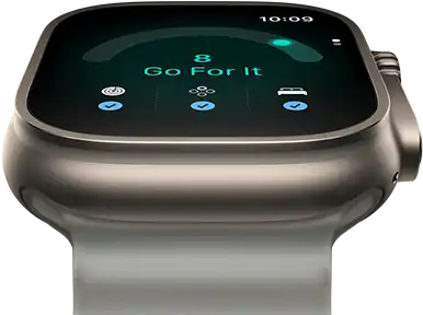 Apple Watch Ultra 4, titanium case, natural colour, readiness score of 8, right side exterior, Digital Crown, raised side button, Ocean Band, translucent grey colour