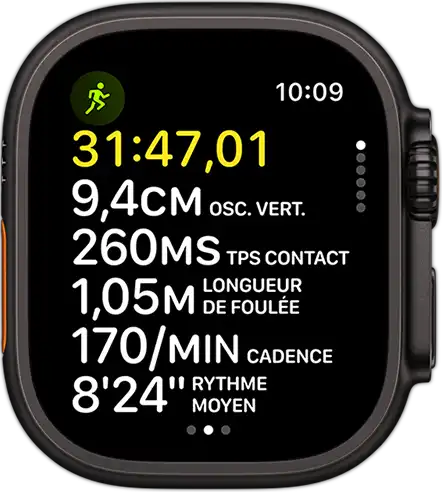 Données de la technique de course incluant le rythme et la distance parcourue