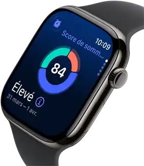 Vue rapprochée d’une Apple Watch Series 11 au boîtier en titane ardoise, affichant le score de sommeil à l’écran