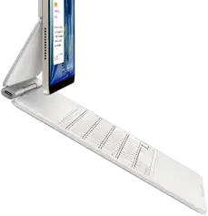 iPad Air, comète, fixé à un Magic Keyboard, blanc, vue latérale