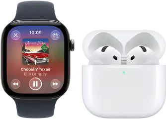 Apple Watch Series 12, aluminum case, black colour, black Sport Band, Apple Music app open, paired with AirPods 4
