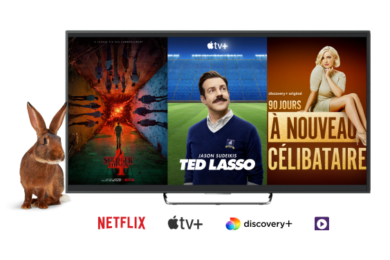 Un lapin et une télé montrant des émissions offertes avec EnContinu+ et les logos Netflix, Apple TV+, discovery+ et TELUS TÉLÉ+.