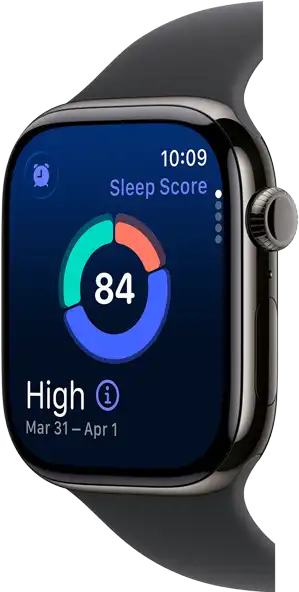 Up close Apple Watch Series 11 with a titanium slate case, showing sleep score on screen