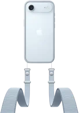 iPhone Air, back exterior, Sky Blue colour, Fusion camera system near top, centred Apple logo, Crossbody Strap with Bumper in light grey colour attached