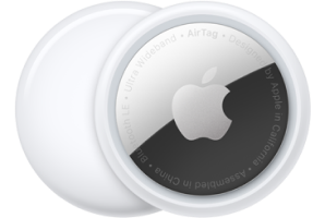 Back and front view of an Apple AirTag.