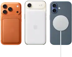 iPhone 17 Pro, back exterior, Cosmic Orange colour, FineWoven Wallet with MagSafe in Fox Orange colour; iPhone Air, back exterior, Light Gold colour, with Magsafe Battery; iPhone 17, back exterior, Mist Blue colour, with Silicone Case in Anchor Blue colour and MagSafe Charger