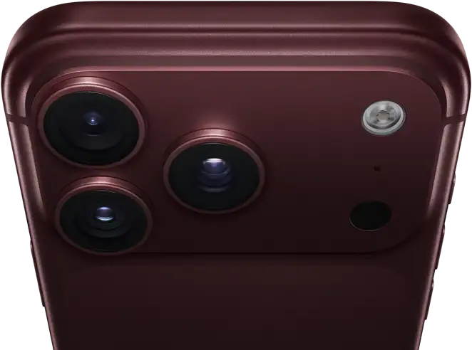iPhone 18 Pro Max, burgundy colour (dark red), back exterior, Pro Fusion camera system at top, 3 lenses, variable aperture blades partially closed, flash, microphone and LiDAR Scanner, top exterior, cellular antenna, flat sides, rounded edges