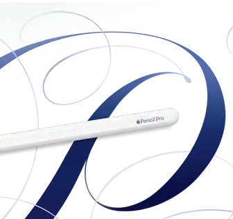 Apple Pencil Pro, blanc, tourbillons bleus sur fond blanc en arrière-plan