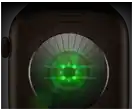 Back of Apple Watch Series 12, aluminum case, dark bronze colour, multiple round sensors with glowing green LED lights, left side exterior, Digital Crown, Sport Band, olive colour