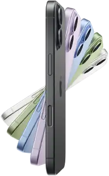 iPhone 17, exterior side, five colours: Black, Lavender, Mist Blue, Sage and White.