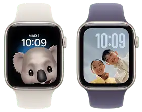 Cadrans ludiques, cadran 1 : Memoji d’un koala, heure située au centre en haut de l’écran, cadran 2 : Photos, heure située dans le coin supérieur droit