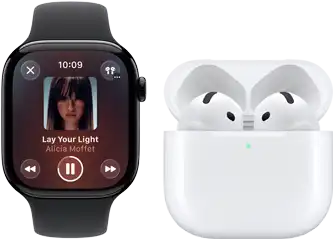 Apple Watch Series 11, boîtier en titane ardoise, bracelet : sport noir, app Apple Music ouverte, jumelée avec des AirPods 4