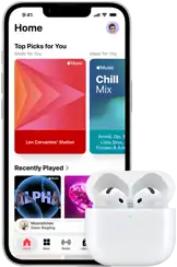 iPhone 17e, front exterior, Apple Music app with Home Screen open, next to AirPods Pro 3 in open MagSafe Charging case