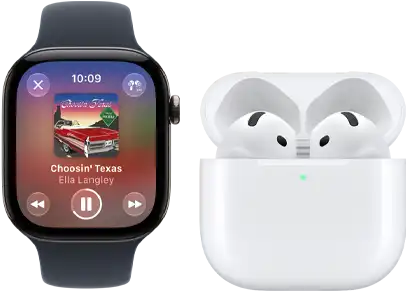 Apple Watch Series 12, aluminum case, black colour, black Sport Band, Apple Music app open, paired with AirPods 4