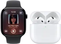 Apple Watch Series 11, boîtier en titane ardoise, bracelet : sport noir, app Apple Music ouverte, jumelée avec des AirPods 4