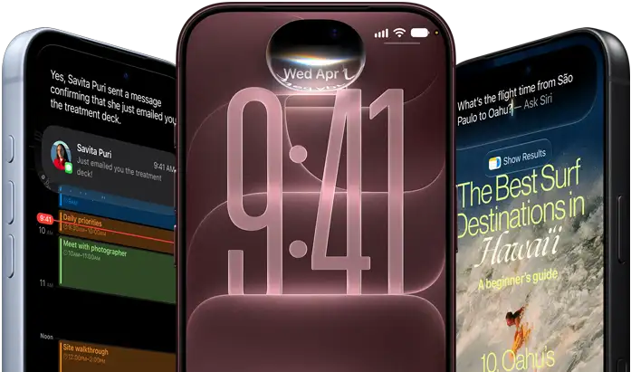 3 iPhone 18 Pro devices in Glacier, Burgundy, and Black, front exterior, screens show Siri AI integration in lock screen, Message Summary, and Ask Siri