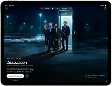 iPad Air, face avant, écran montrant la série Dissociation dans l’app Apple TV