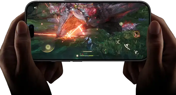 iPhone 18 Pro, front exterior, demonstrating the performance capabilities of the A20 Pro chip with a scene from the Monster Hunter Outlanders