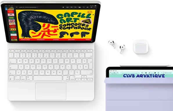iPad Air, comète, graphismes colorés à l’écran, fixé à un Magic Keyboard, des AirPods Pro et un Apple Pencil Pro