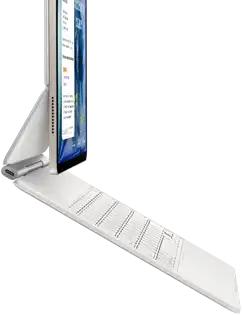 iPad Air, comète, fixé à un Magic Keyboard, blanc, vue latérale