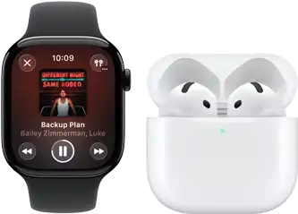 Apple Watch Series 11, titanium slate case, band: black sport band, Apple Music app open, paired with AirPods 4