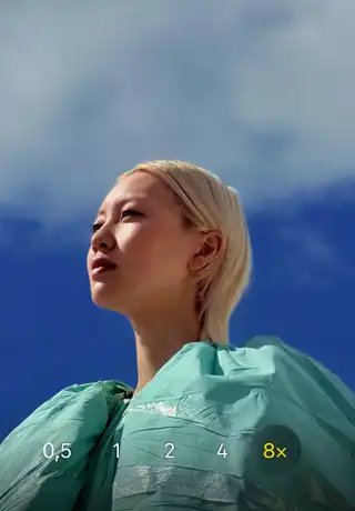 App Appareil photo d’iPhone 17 Pro, zoom optique 0,5x, 1x, 2x, 4x et 8x, avec option 8x sélectionnée