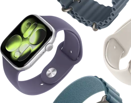 Apple Watch Series 11 bands: purple fog Sport Band, anchor blue Ocean band, light blue Alpine Loop