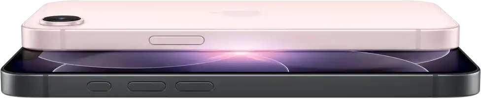 iPhone 17e, horizontal side and back exterior, soft pink colour, iPhone 17e, horizontal side and front exterior, black colour