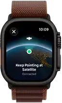 Apple Watch Ultra 4, titanium case, black colour, satellite connection, right side exterior, Digital Crown, raised side button, Alpine Loop band, burgundy colour