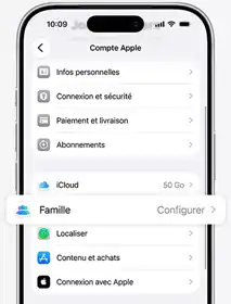 Écran d’un compte Apple parental avec la section de configuration familiale en évidence