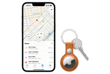 Front view of iPhone 14 with an Apple Airtag Leather Key Ring in Golden Brown.