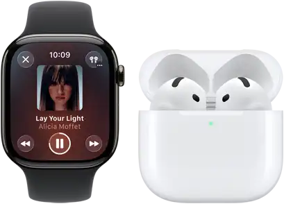 Apple Watch Series 11, boîtier en titane ardoise, bracelet : sport noir, app Apple Music ouverte, jumelée avec des AirPods 4
