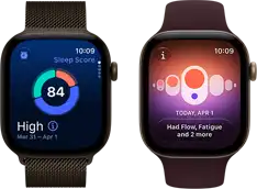 Two Apple Watch Series 12 devices, one with aluminum case, dark bronze colour, sleep score circle graph, Digital Crown, Milanese Loop band, dark bronze colour and one with Cycle Tracking, aluminum case, light gold colour, Sport Loop band, burgundy colour