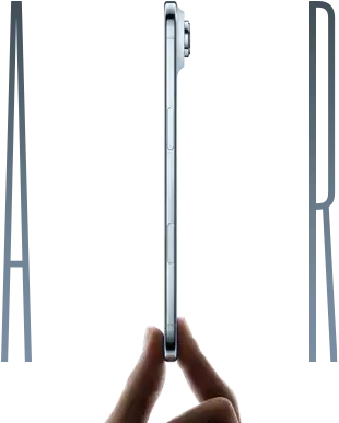 A thumb and forefinger holding iPhone Air, side exterior, Sky Blue colour, very thin profile, Fusion camera system, buttons: side, Camera Control