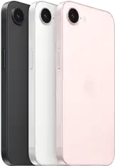iPhone 17e, side and back exterior, black colour, side and back exterior, white colour, side and back exterior, soft pink colour, Fusion camera at top, side button