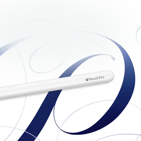 Apple Pencil Pro, blanc, tourbillons bleus sur fond blanc en arrière-plan