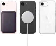 iPhone 17e in soft pink colour with FineWoven Wallet in midnight purple colour, iPhone 17e in black colour and MagSafe Charger, iPhone 17e in white colour with Clear Case with MagSafe