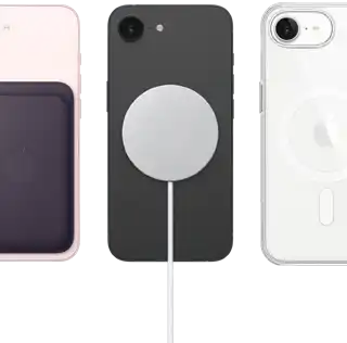 iPhone 17e, back exterior, soft pink colour, FineWoven Wallet with MagSafe attached, iPhone 17e, back exterior, black colour, MagSafe Charger attached, iPhone 17e, back exterior, white colour, Clear Case with MagSafe attached