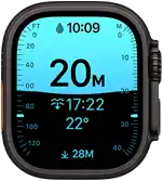 Apple Watch Ultra 4, titanium case, black colour, Depth app showing diving metrics, right side exterior, Digital Crown, raised side button