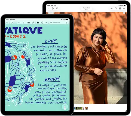 Deux iPad Air : 11 pouces et 13 pouces, l’iPad Air 11 pouces affiche du texte coloré dans l’app Notes, l’iPad Air 13 pouces affiche la photo d’une personne dans l’app Photos