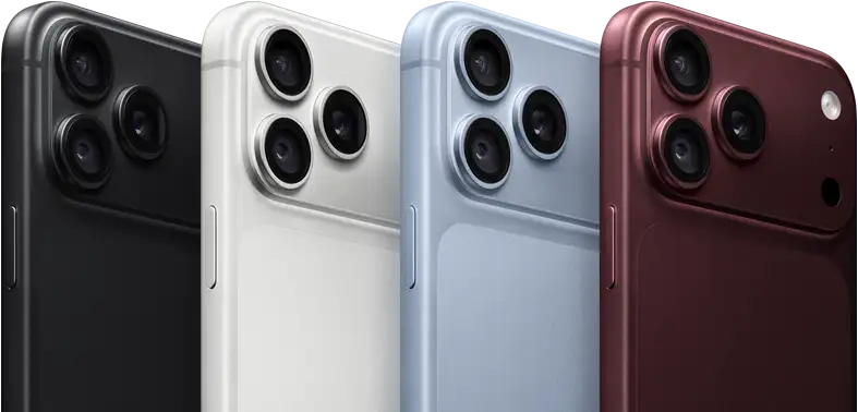 iPhone 18 Pro devices in a row, back exterior, all four colours: Burgundy, Glacier, Silver, Black, Pro Fusion camera system in top left corner, 3 lenses, microphone, flash