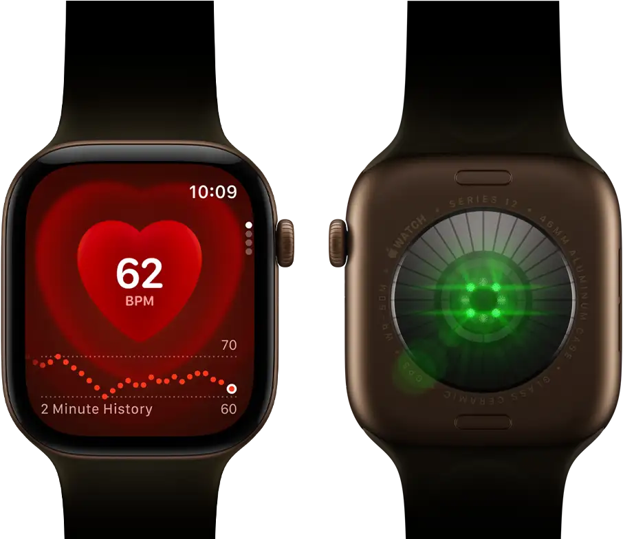 Two Apple Watch Series 12 devices, aluminum case, dark bronze color with olive Sport Band, one showing the Heart Rate app, the other with the Health Sensing System on the back of the watch, with glowing green LED lights