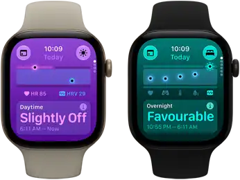 Two Apple Watch Series 12 devices: aluminum case, light gold colour, Daytime Vitals Slightly Off, Digital Crown, sand Sport Band, aluminum case, black colour, Overnight Vitals Favourable, Digital Crown, black Sport Band
