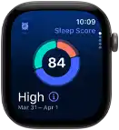 Apple Watch Series 12, aluminum case, space gray color, sleep score circle graph, right side exterior, Digital Crown